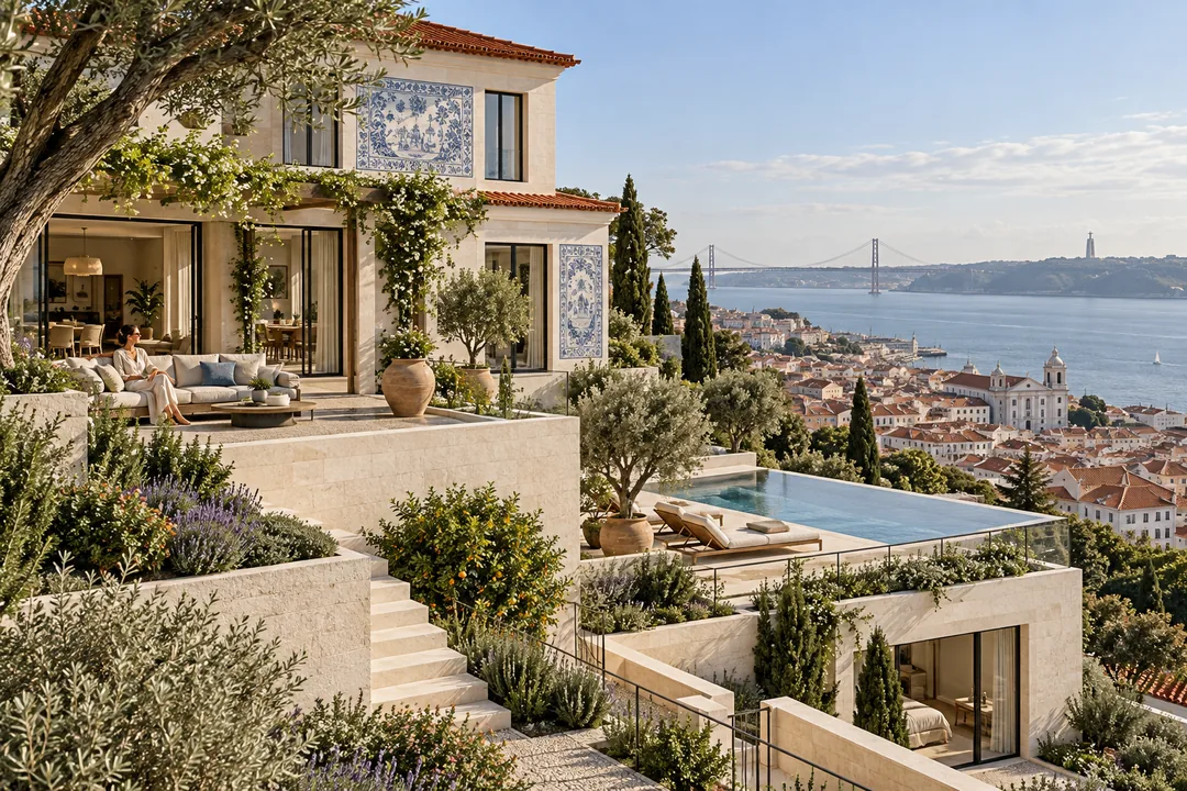 Lisbon villa exterior with hillside landscaping — 3D Architectural Visualization Usa