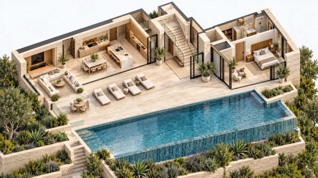 Yantram Studio 3D floor plan rendering of a furnished villa ground-floor cutaway with a central stair, guest suite and pool