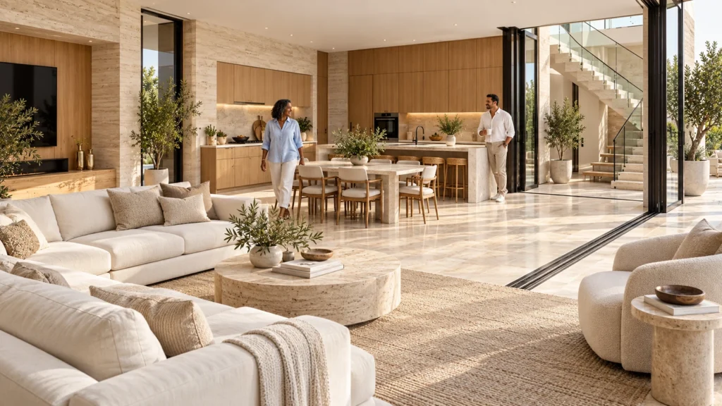 Yantram Studio's 3D interior rendering in Los Angeles shows an open-plan villa living room with pale stone flooring, oak kitchen cabinetry and glazed terrace doors.