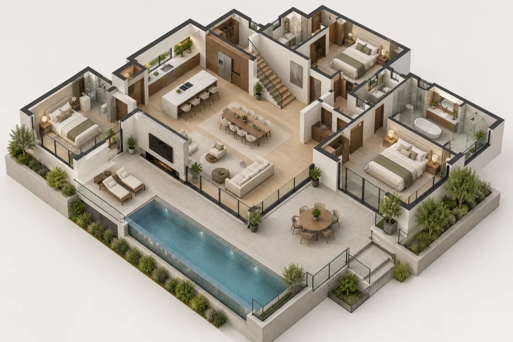 3D floor plan layout for residential villa in Portland