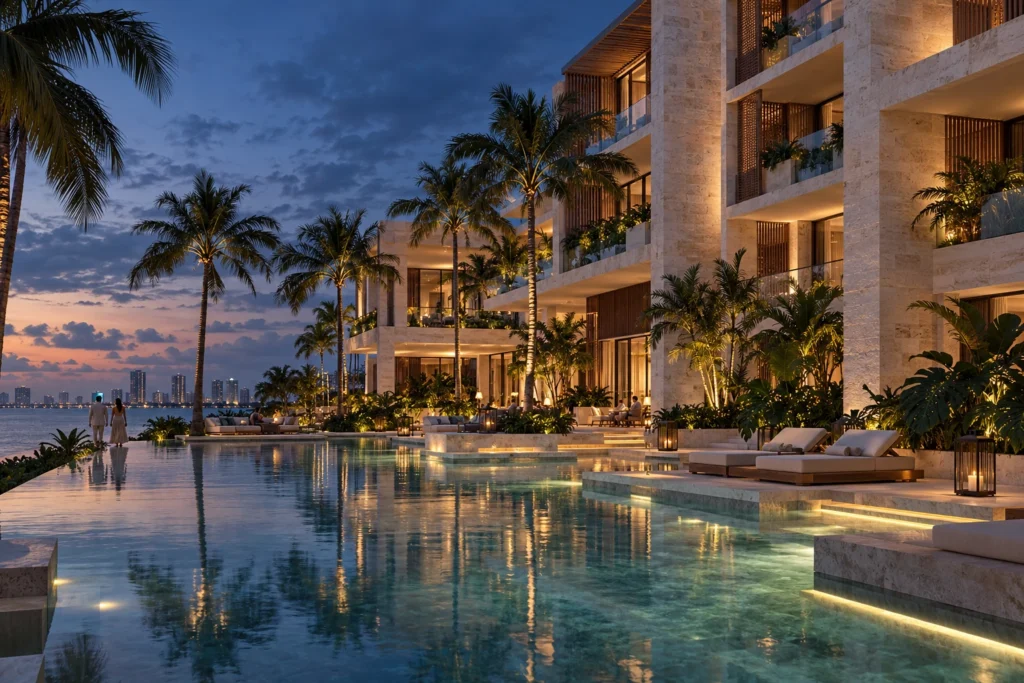 Boutique hotel resort at dusk in Portland