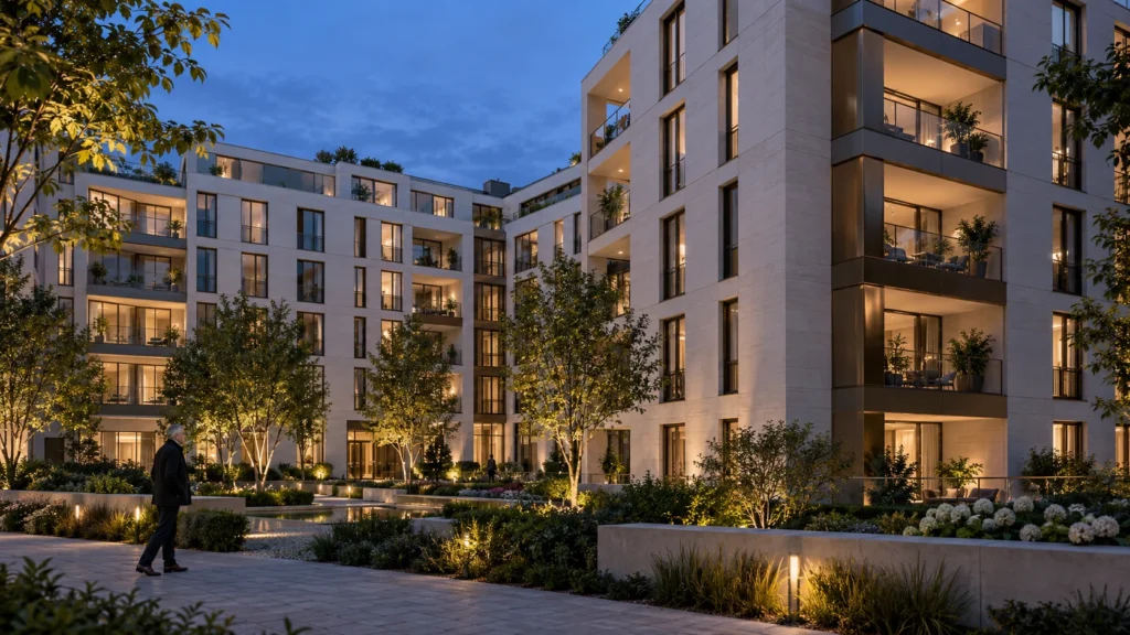 Apartment building exterior at dusk with glowing windows โ 3D Visualisierung Mรผnchen
