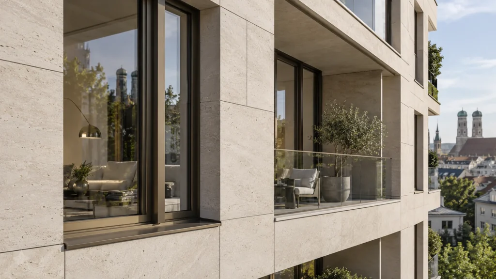 Residential apartment facade detail with stone cladding and balconies โ Architectural Visualization Germany
