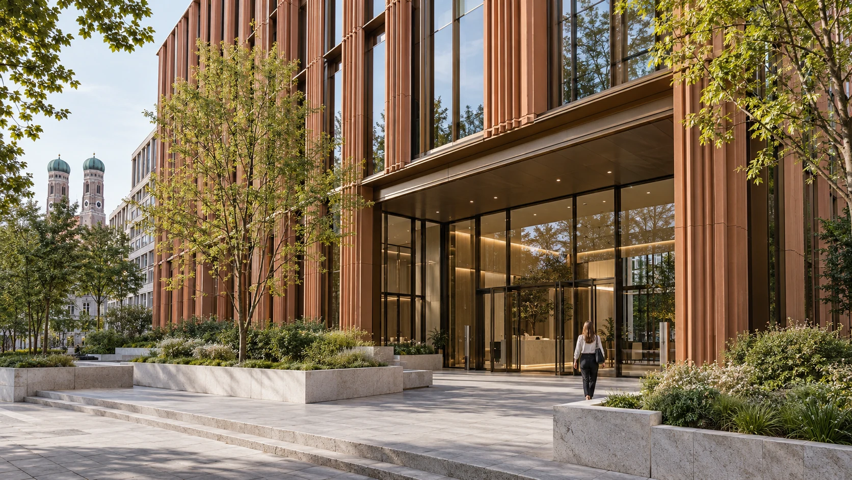 Commercial office building exterior facade with terracotta fins in Munich — Architekturvisualisierung München