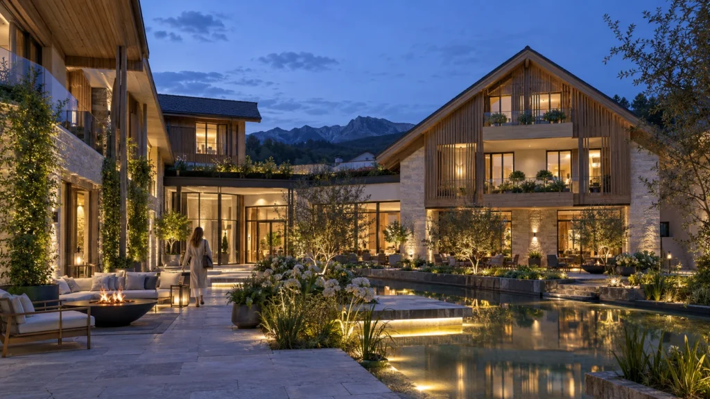 Hotel resort exterior view at dusk with warm lighting