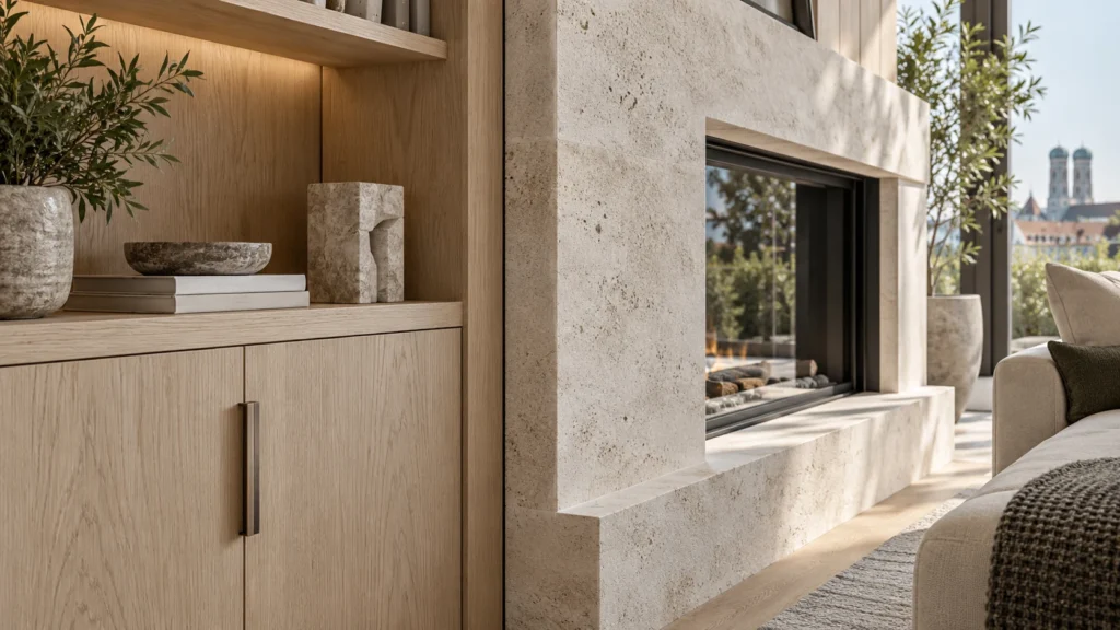 Interior joinery detail and fireplace render for luxury development โ Immobilienvisualisierung Mรผnchen