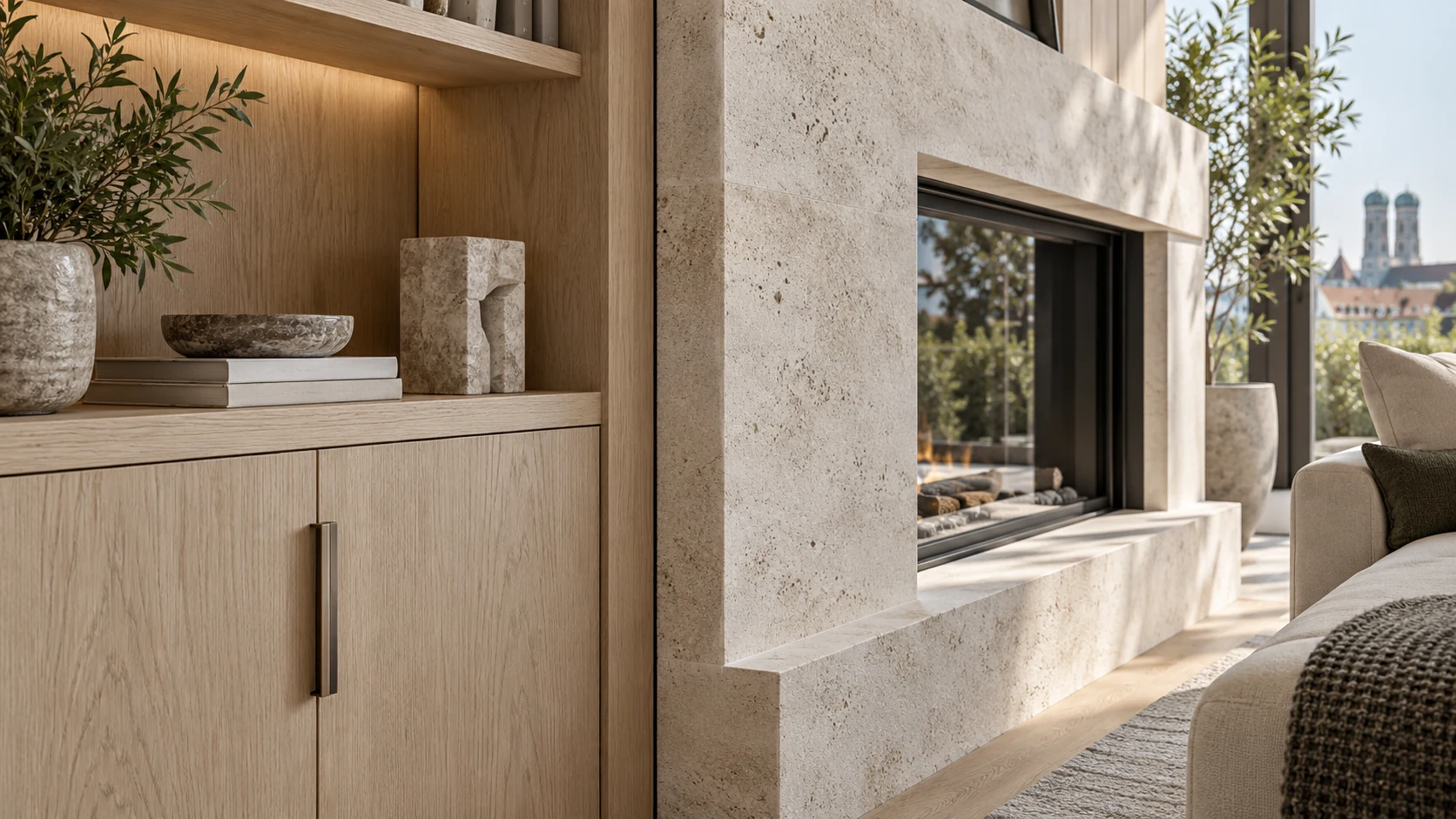 Interior joinery detail and fireplace render for luxury development — Immobilienvisualisierung München
