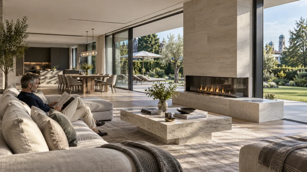 Interior living room view with large glass sliding doors