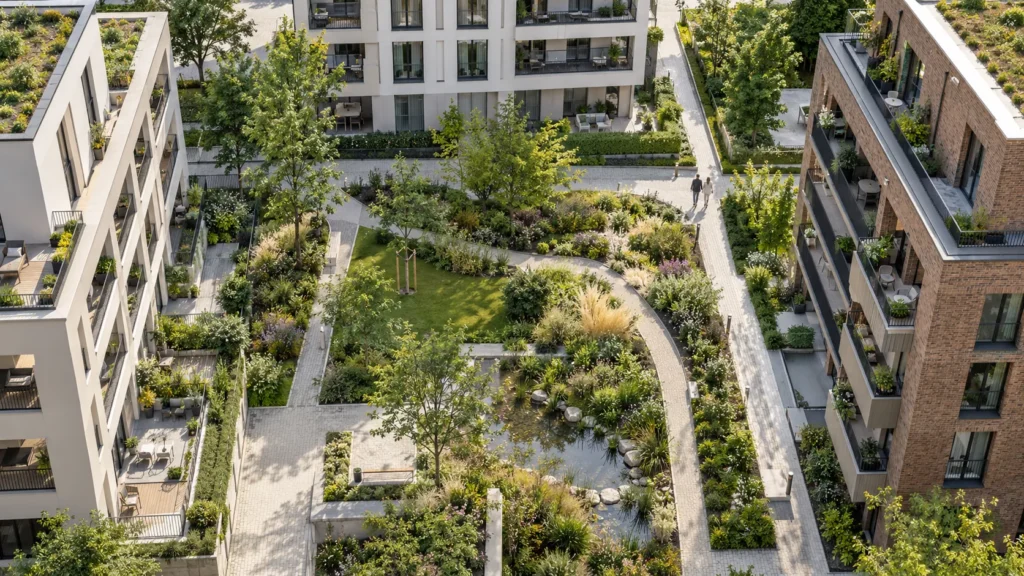 Aerial view of landscape garden with paths and water feature — 3D Visualisierung München