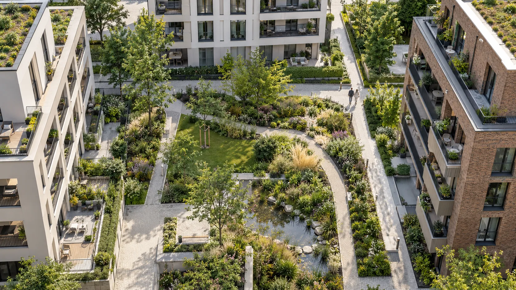 Aerial view of landscape garden with paths and water feature — 3D Visualisierung München