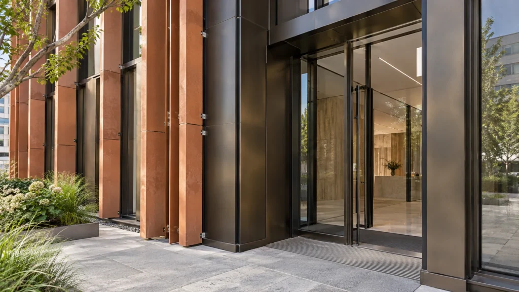 Commercial office entrance detail with bronze facade and glass doors — Architekturvisualisierung München