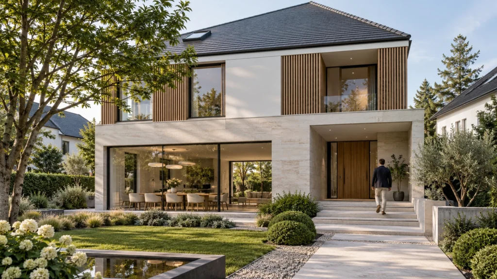 Residence villa exterior view with daylight and garden