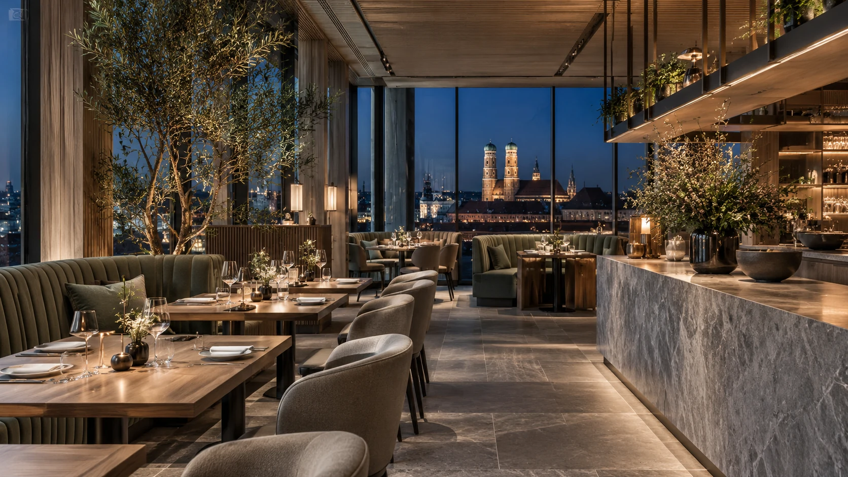 Restaurant interior view at night with city skyline backdrop — Immobilienvisualisierung München