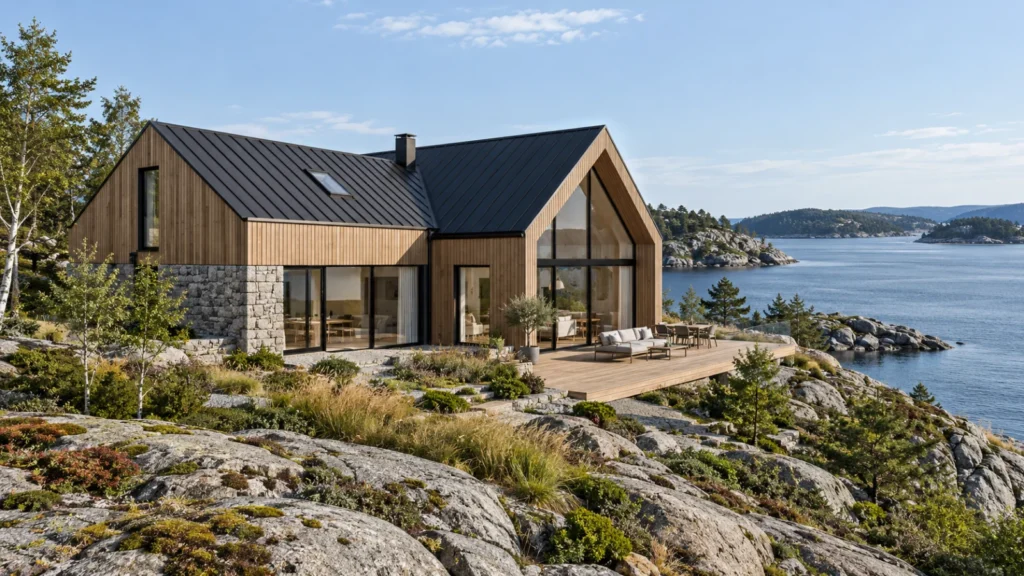 Fjord villa exterior concept on rocky shoreline in Oslo — Timber Textures