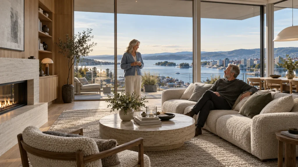 Nordic living interior concept overlooking Oslo fjord with couple