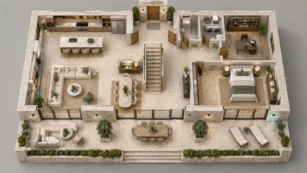 Furnished ground floor plan of an alpine villa in Salzburg featuring a central staircase, open kitchen, living area