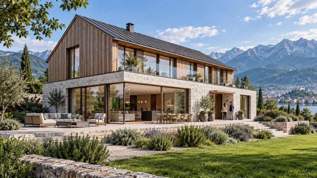 Alpine villa exterior concept with pitched roof and balconies in Salzburg