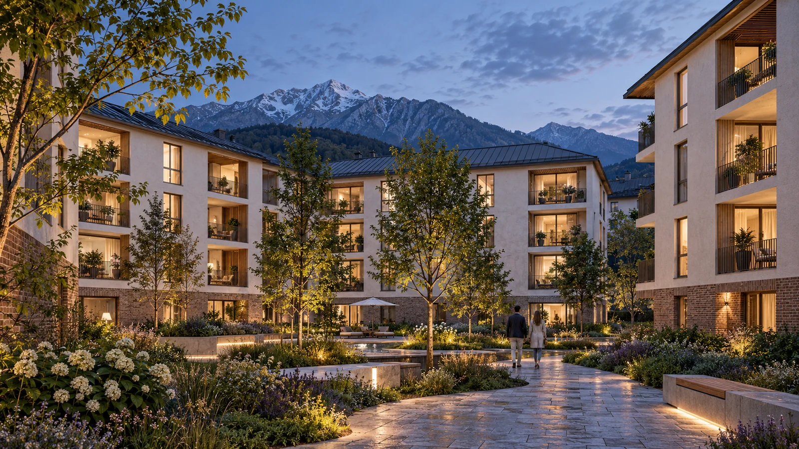 Apartment courtyard dusk concept with warm landscape lighting in Salzburg — Timber Cladding