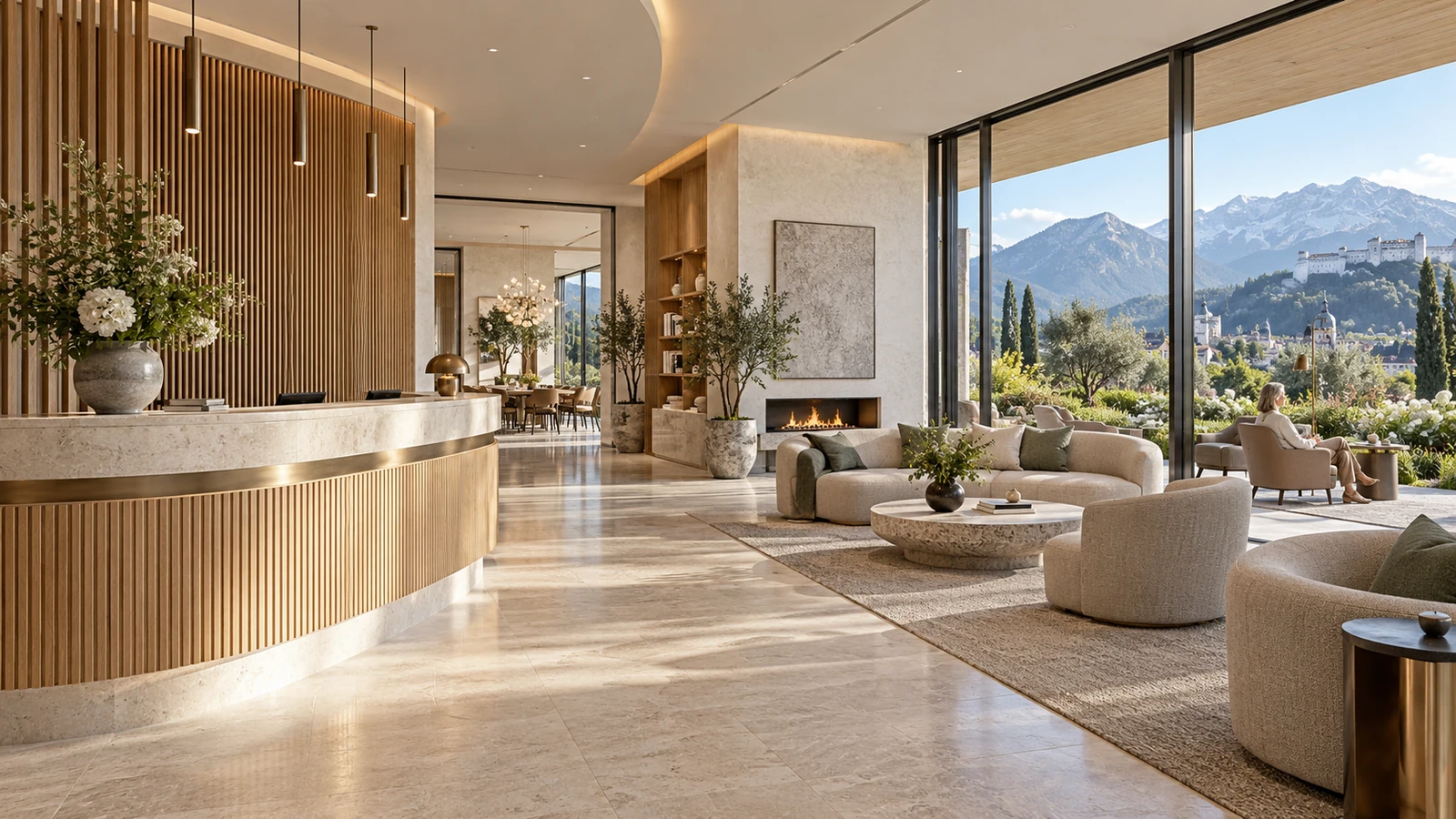 Boutique hotel lobby concept with fireplace and mountain backdrop in Salzburg — Alpine Architecture