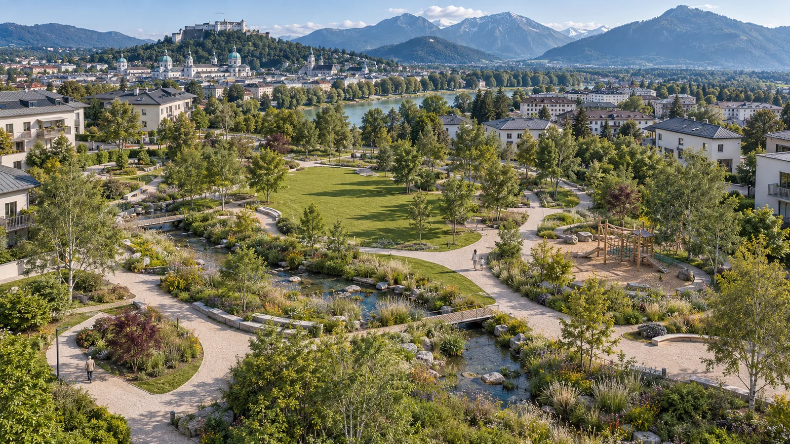 Landscape park aerial concept with walking paths and greenery in Salzburg — Timber Cladding