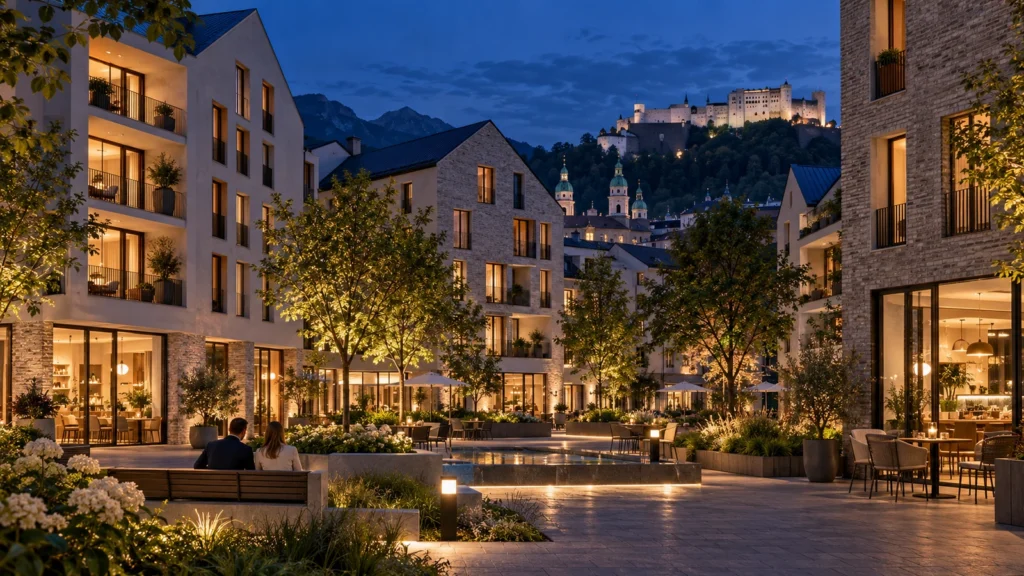 Mixed-use night exterior concept with illuminated courtyards in Salzburg โ Facade Rendering
