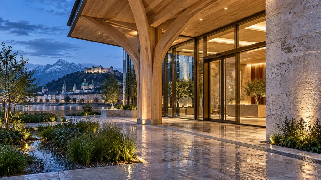 Office entrance construction detail with timber canopy at dusk in Salzburg