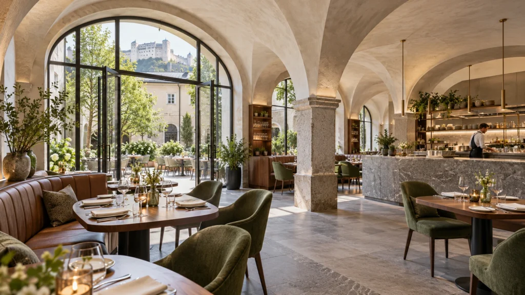 Restaurant interior with arched ceilings and window views in Salzburg — Natural Stone