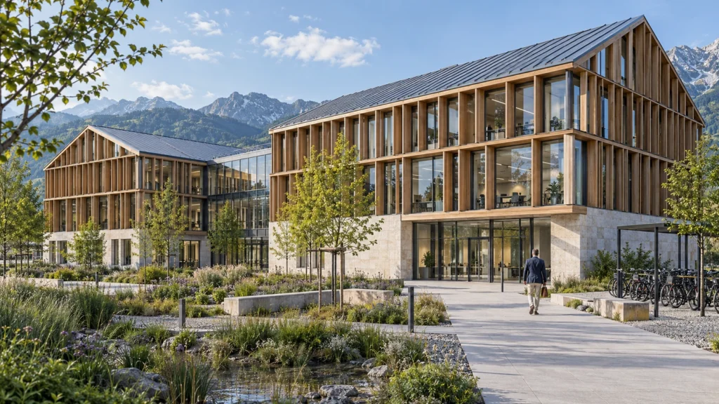 Timber office exterior concept with vertical window bays in Salzburg