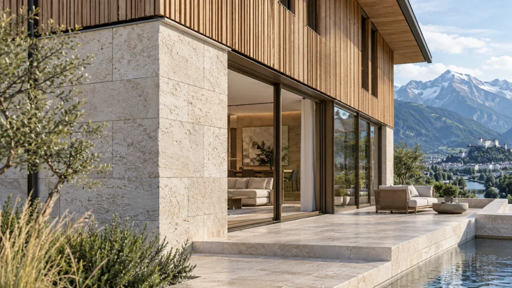 Villa stone and timber facade detail with swimming pool in Salzburg โ Facade Rendering