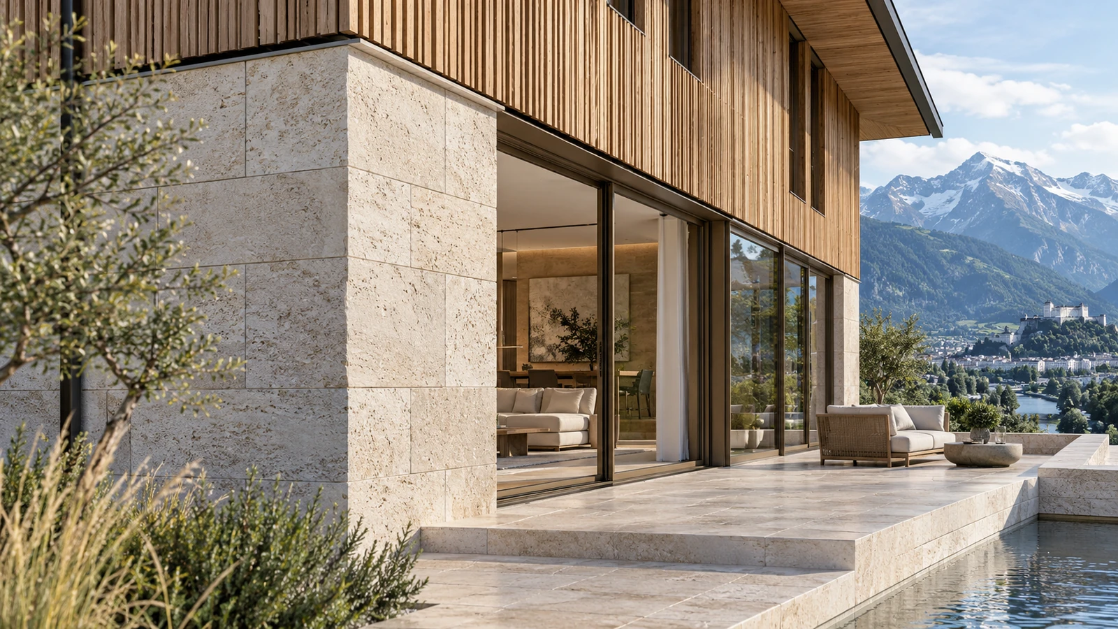 Villa stone and timber facade detail with swimming pool in Salzburg — Facade Rendering