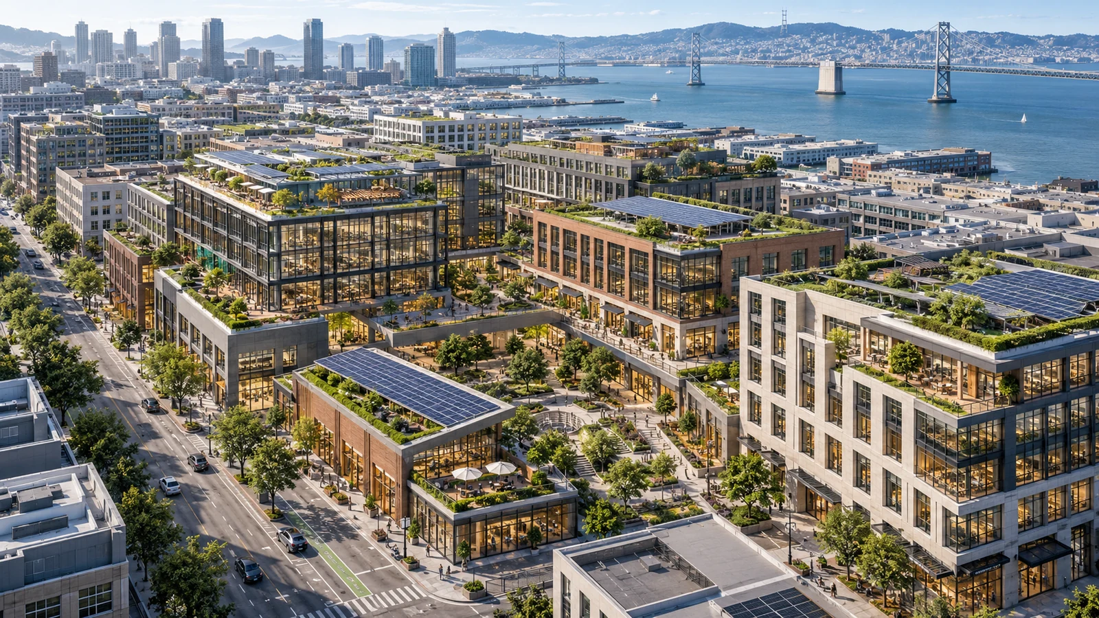 Aerial view of a sustainable mixed-use commercial precinct featuring green roofs, solar panels, and landscaped courtyards