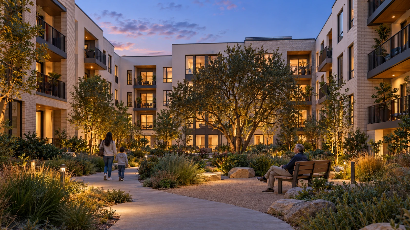 Modern apartment courtyard with warm dusk lighting and landscaping in San Diego