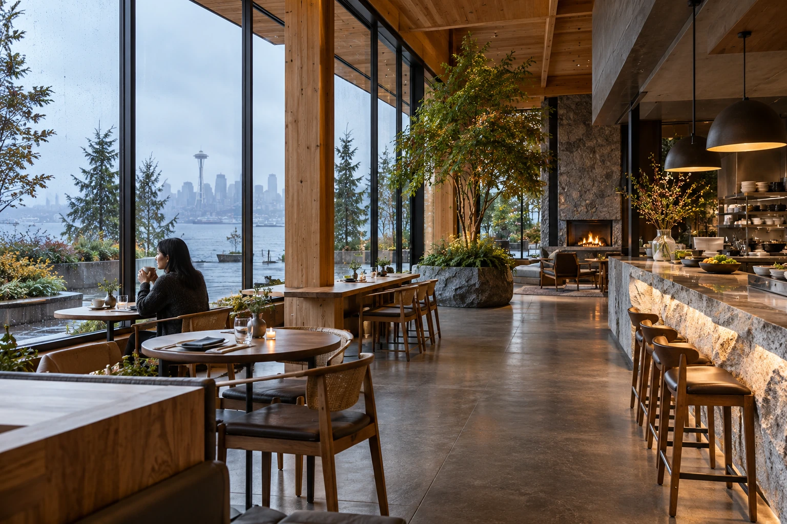 Restaurant interior with view of city skyline in Portland — Green Building 3D Rendering