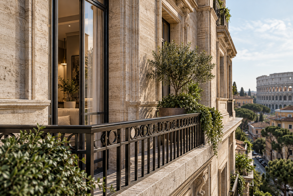 Classic stone balcony with ornate iron railing overlooking a historic city street — Realistic Lighting
