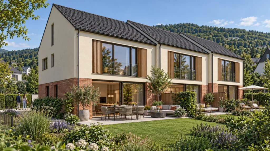 Contemporary townhouse community exterior rendering in daylight — Exterior Facade Visualisations