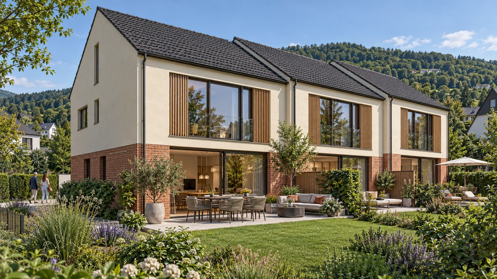 Contemporary townhouse community exterior rendering in daylight — Exterior Facade Visualisations