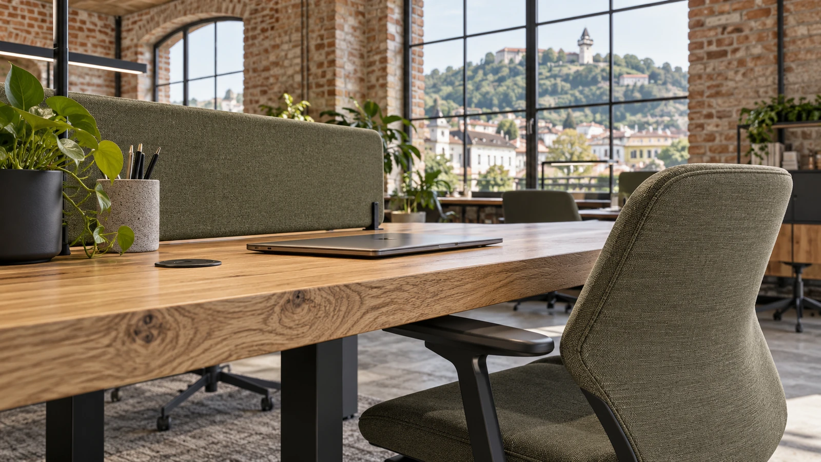Coworking interior desk detail with wooden table and green chairs in Graz — Interior Visualization