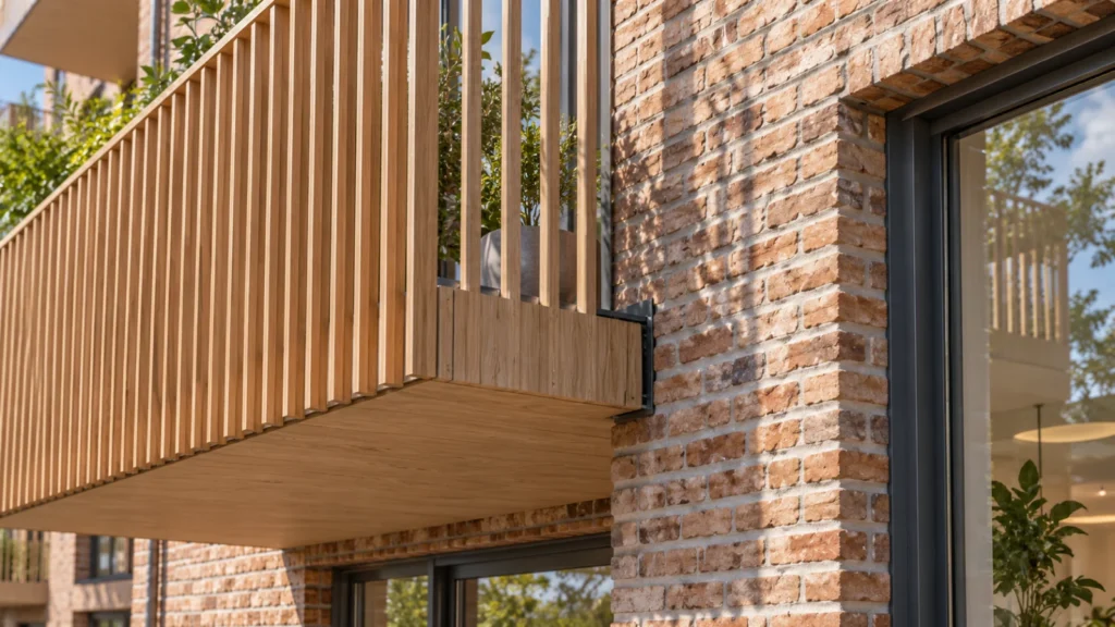 Gothenburg apartment balcony construction detail rendering with brick facade