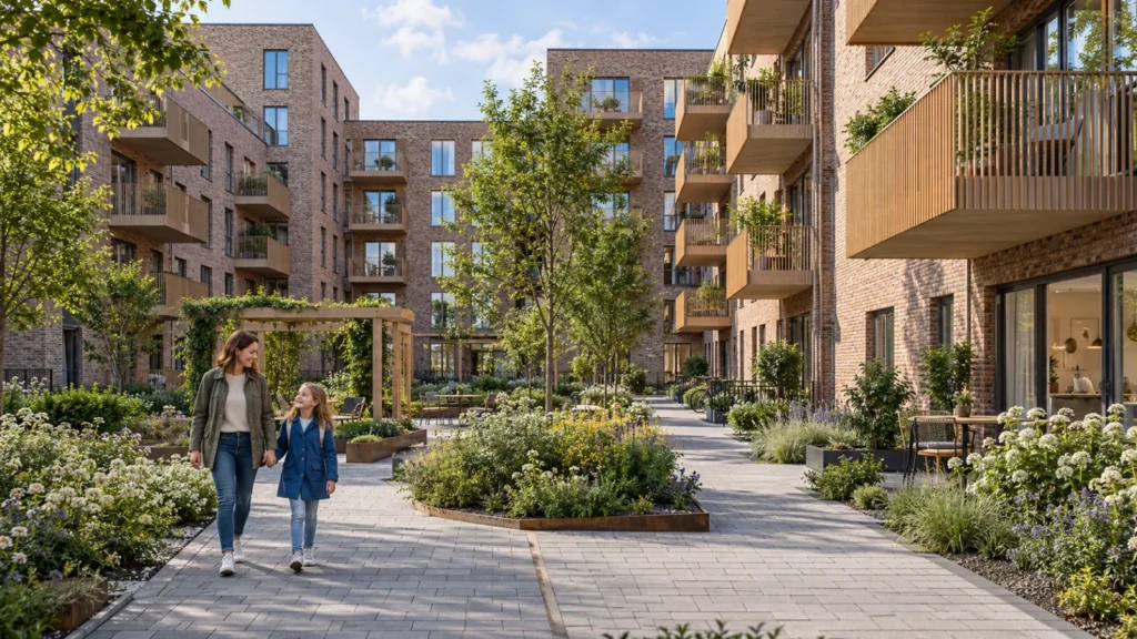 Gothenburg apartment courtyard exterior concept with natural landscaping โ Scandinavian Design Concepts
