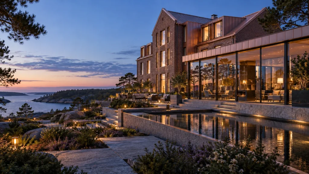 Gothenburg boutique hotel garden rendering at twilight with pool โ Architectural Floor Plans
