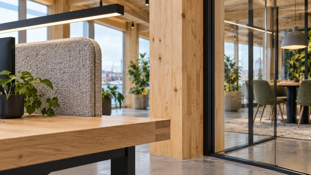 Gothenburg coworking interior finish detail concept with timber columns