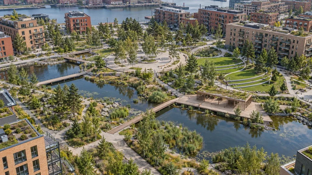 Gothenburg public park aerial concept 3d rendering with water features โ Photorealistic Exterior Imagery