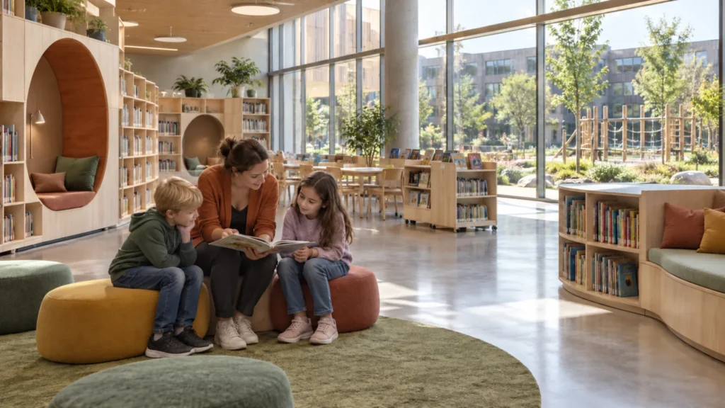 Gothenburg school learning interior 3d rendering with children reading โ Scandinavian Design Concepts