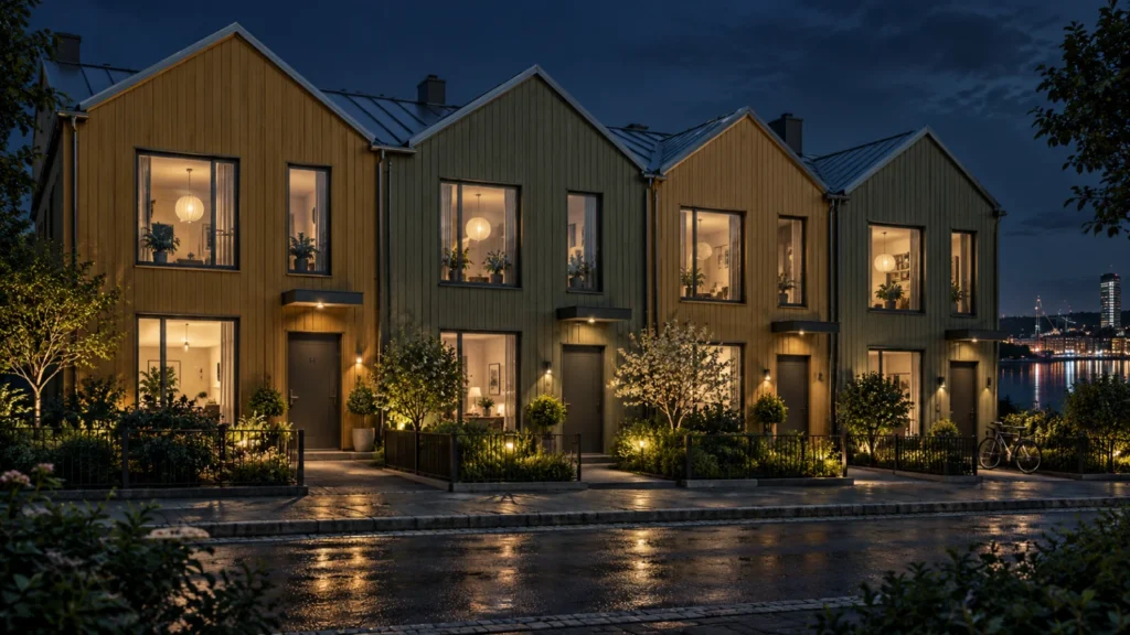 Gothenburg townhouse night exterior 3d rendering with warm interior lighting โ Architectural Floor Plans