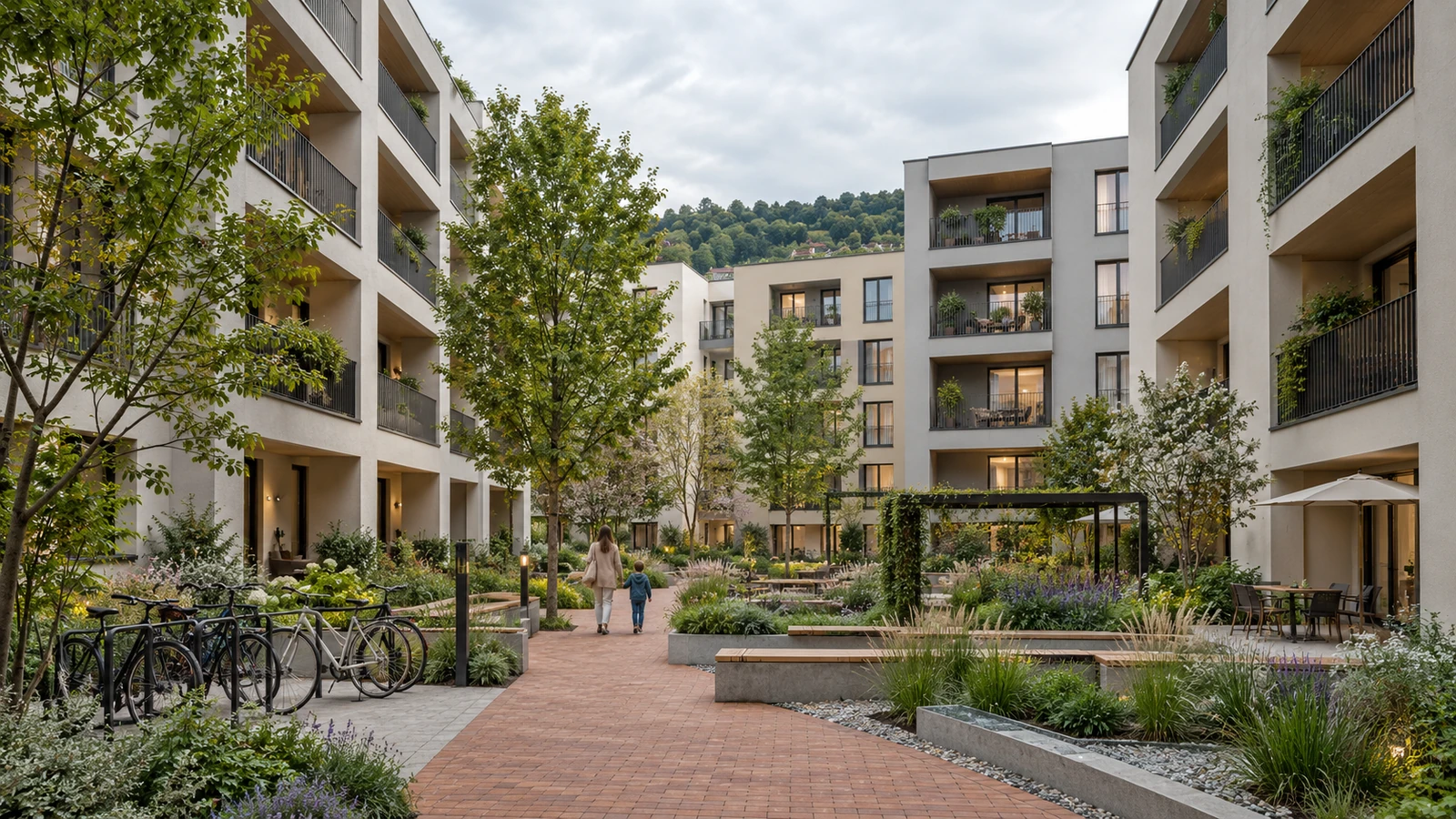 Graz apartment courtyard exterior rendering — 3D Floor Plan