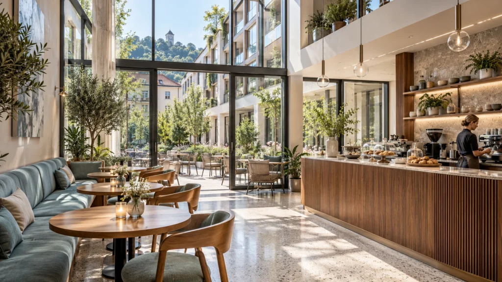 Graz courtyard cafe interior rendering with wooden counter and seating — Architectural Visualization Studio
