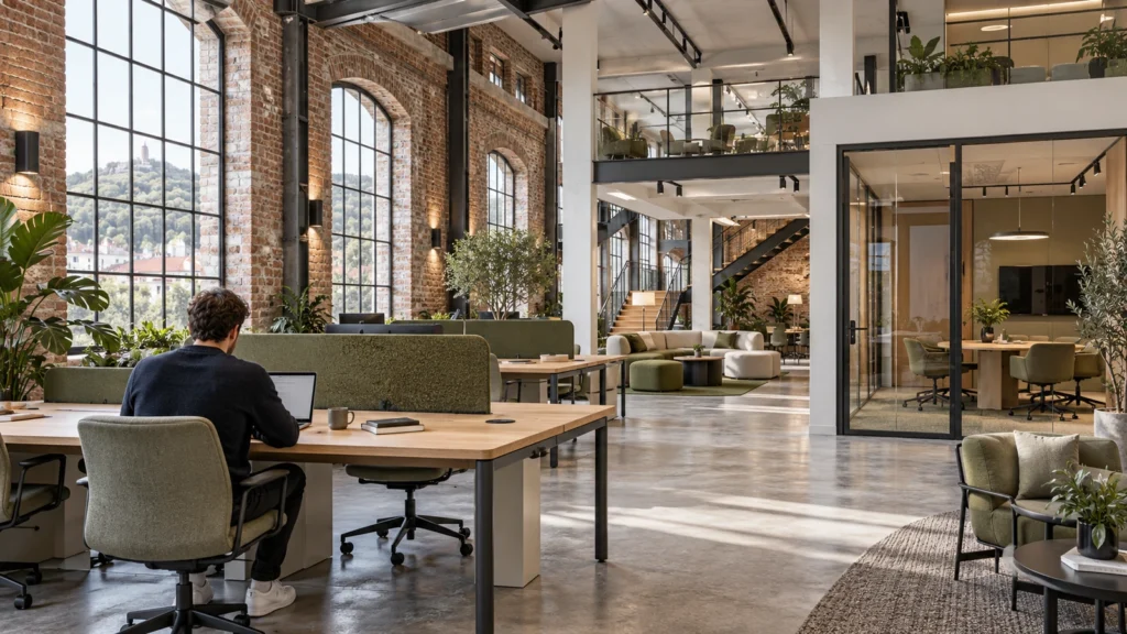 Exposed brickwork and arched windows in an open-plan coworking office interior in Graz