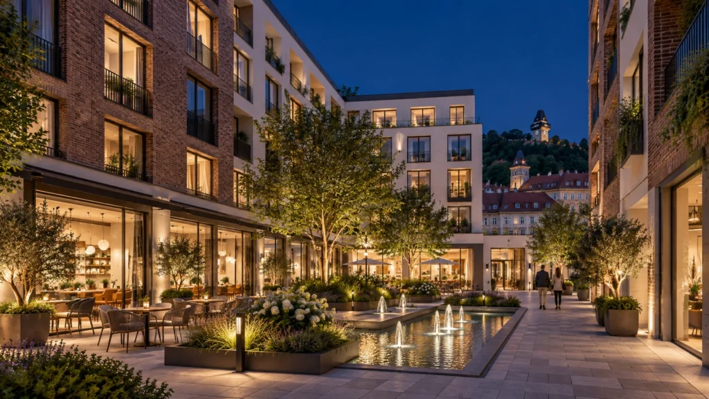 Graz mixed-use night exterior rendering with illuminated courtyard and water feature โ Interior Visualization