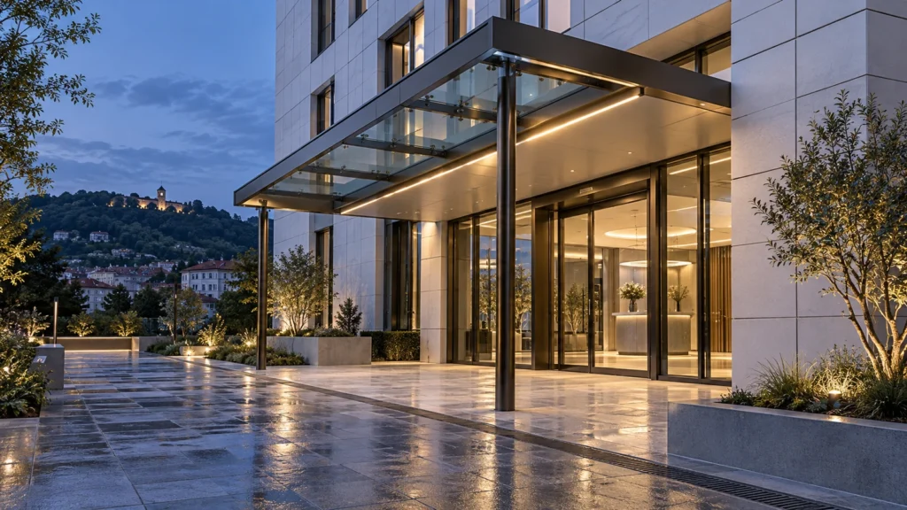 Graz clinic entrance exterior rendering at twilight with glass canopy