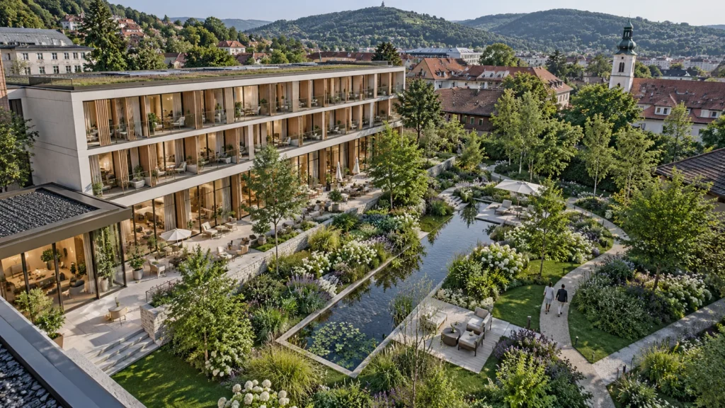 Aerial view of a modern hotel with a landscaped garden and reflecting pond in Graz — 3D Floor Plan